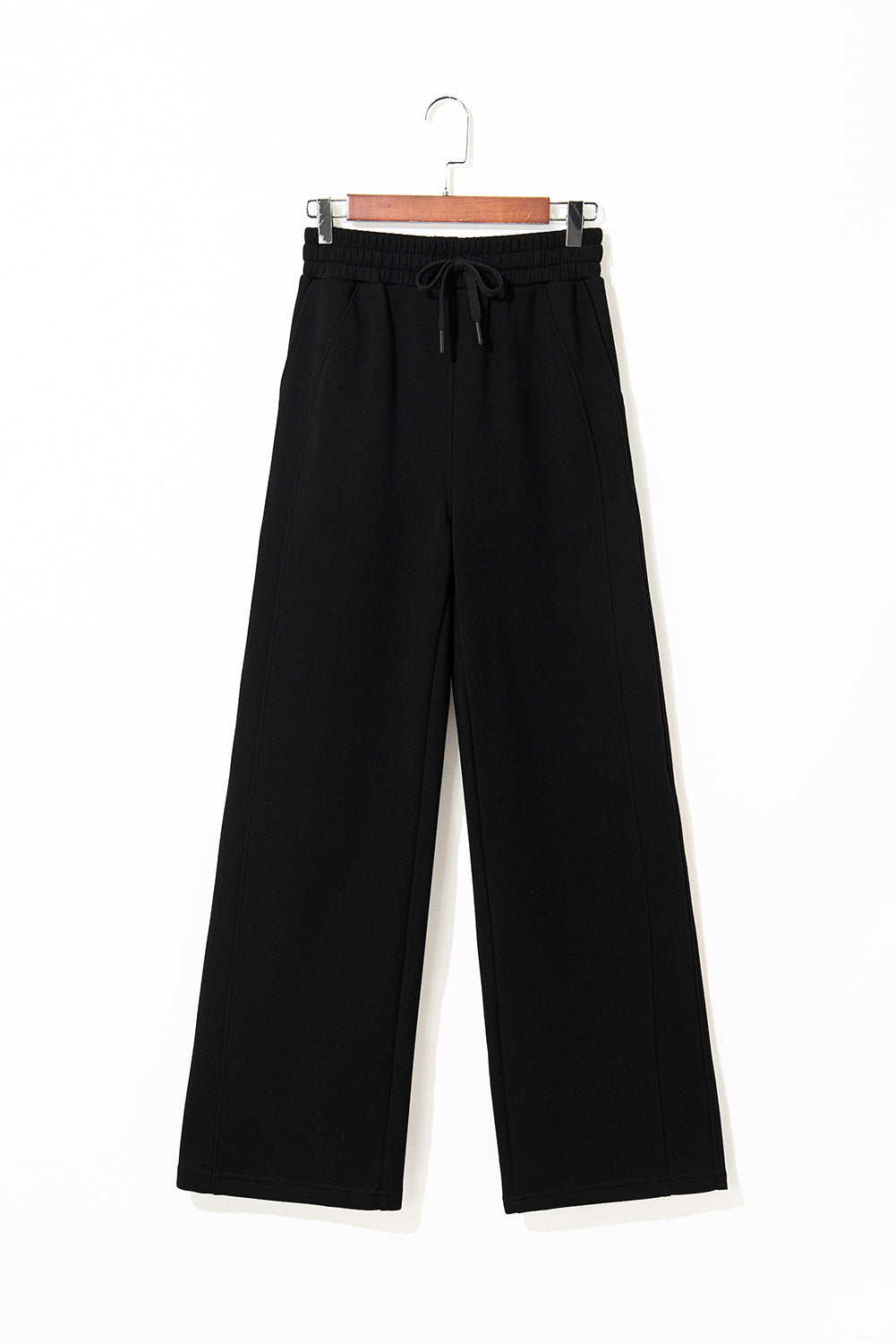 Black Scuba Drawstring Elastic Waistband Solid Color Sweatpants