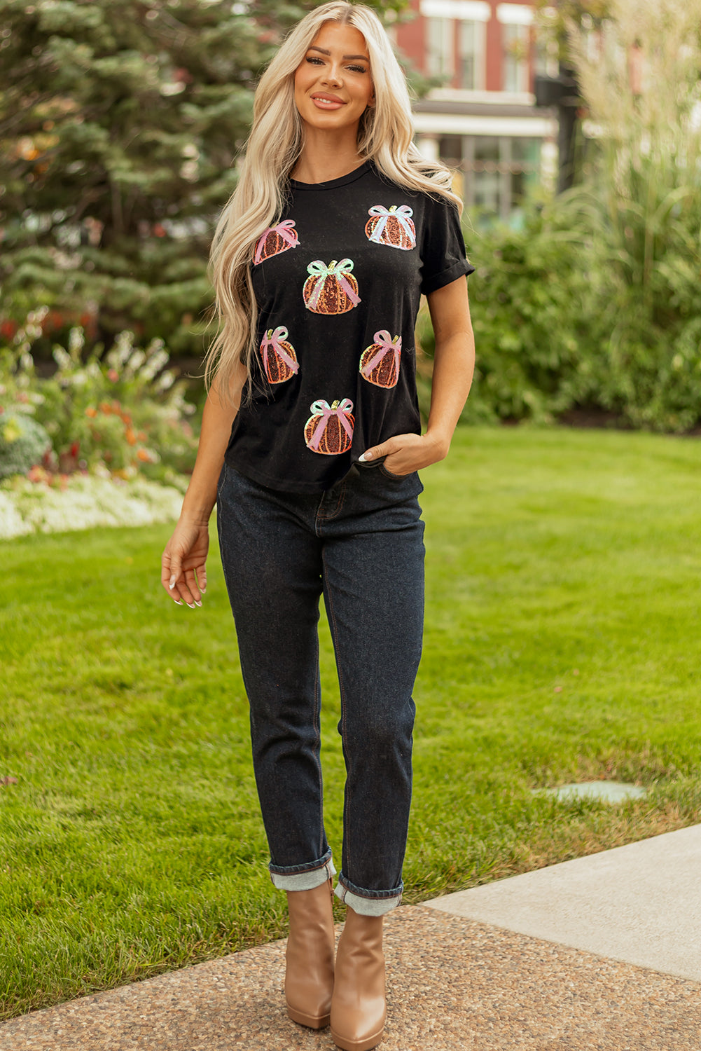 White Colorful Pumpkin Sequin Patched Drop Shoulder Sweatshirt