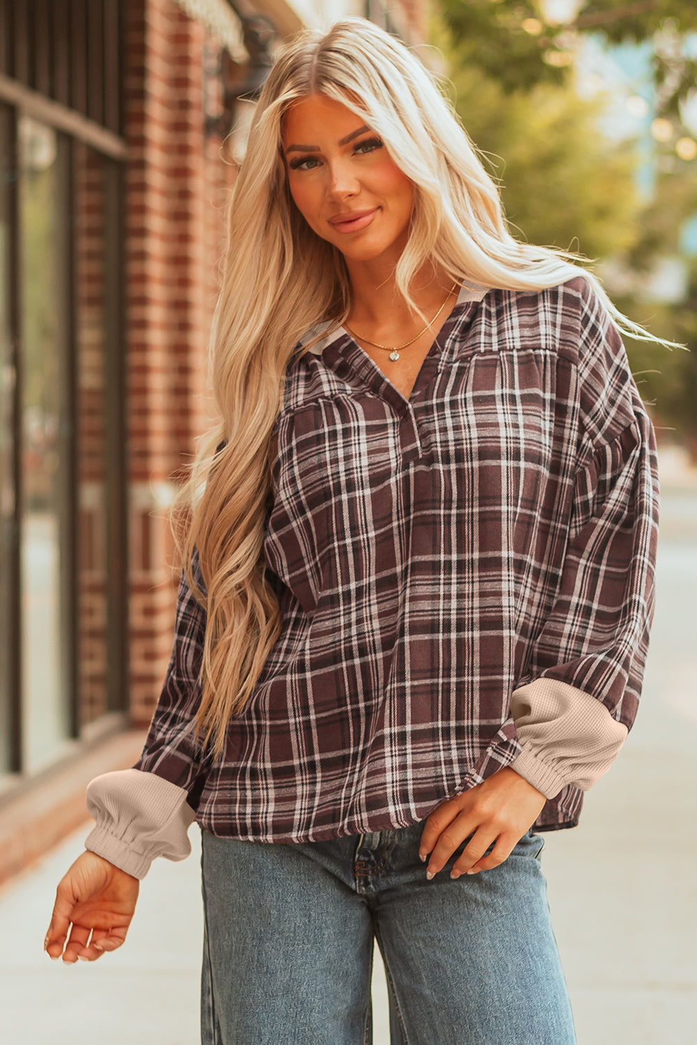 Gray Plaid Patchwork Long Sleeve Button Hooded Blouse