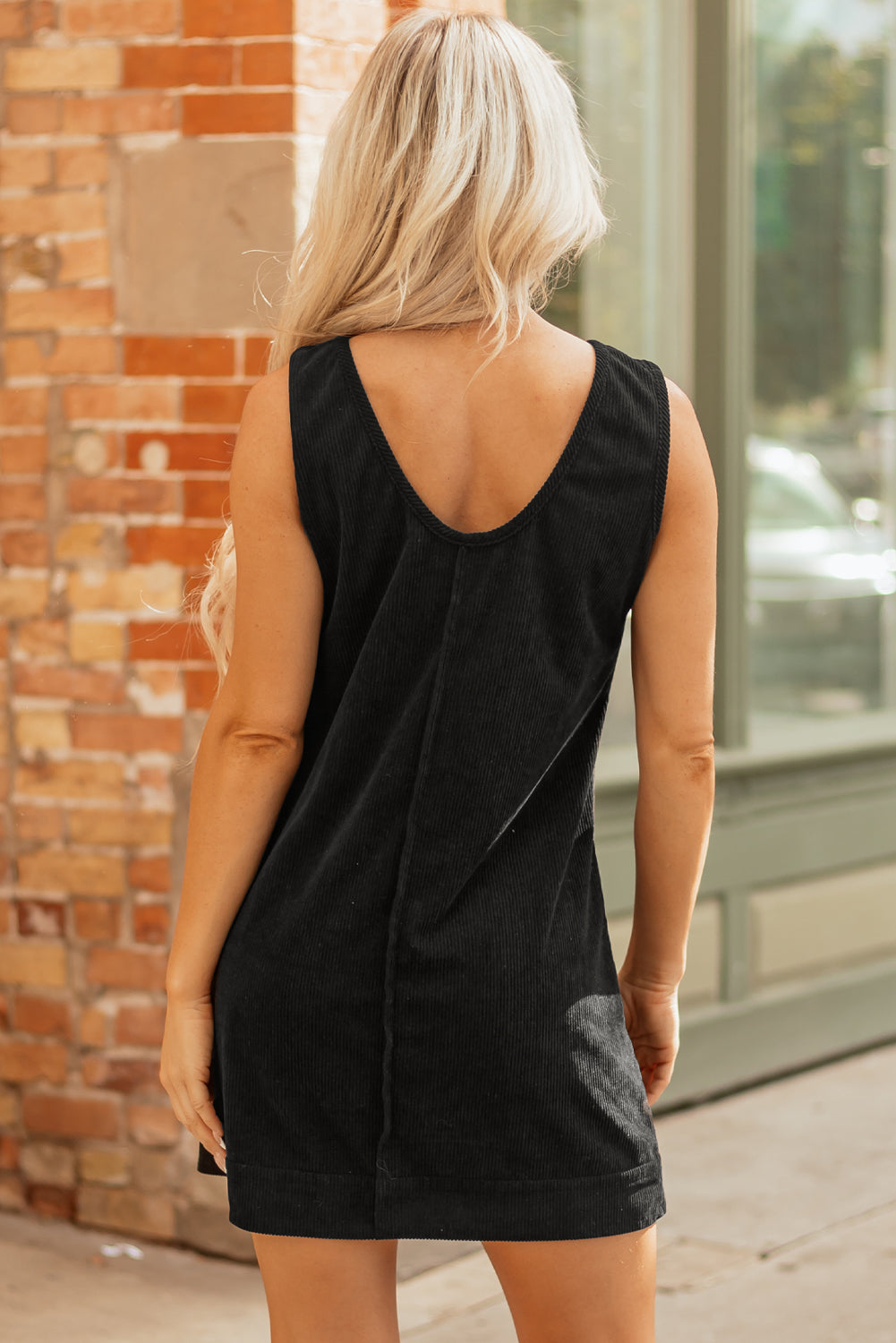 Beige Corduroy Sleeveless Mini Dress With Patched Pockets