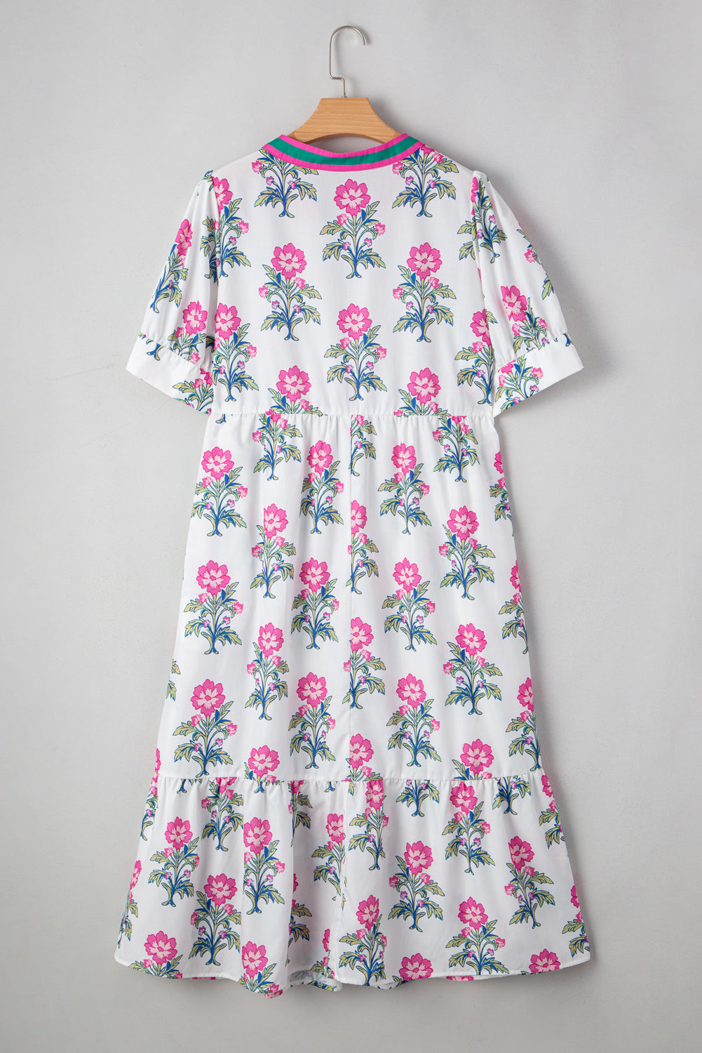 White Floral Puff Short Sleeve V Neck High Waist Maxi Dress
