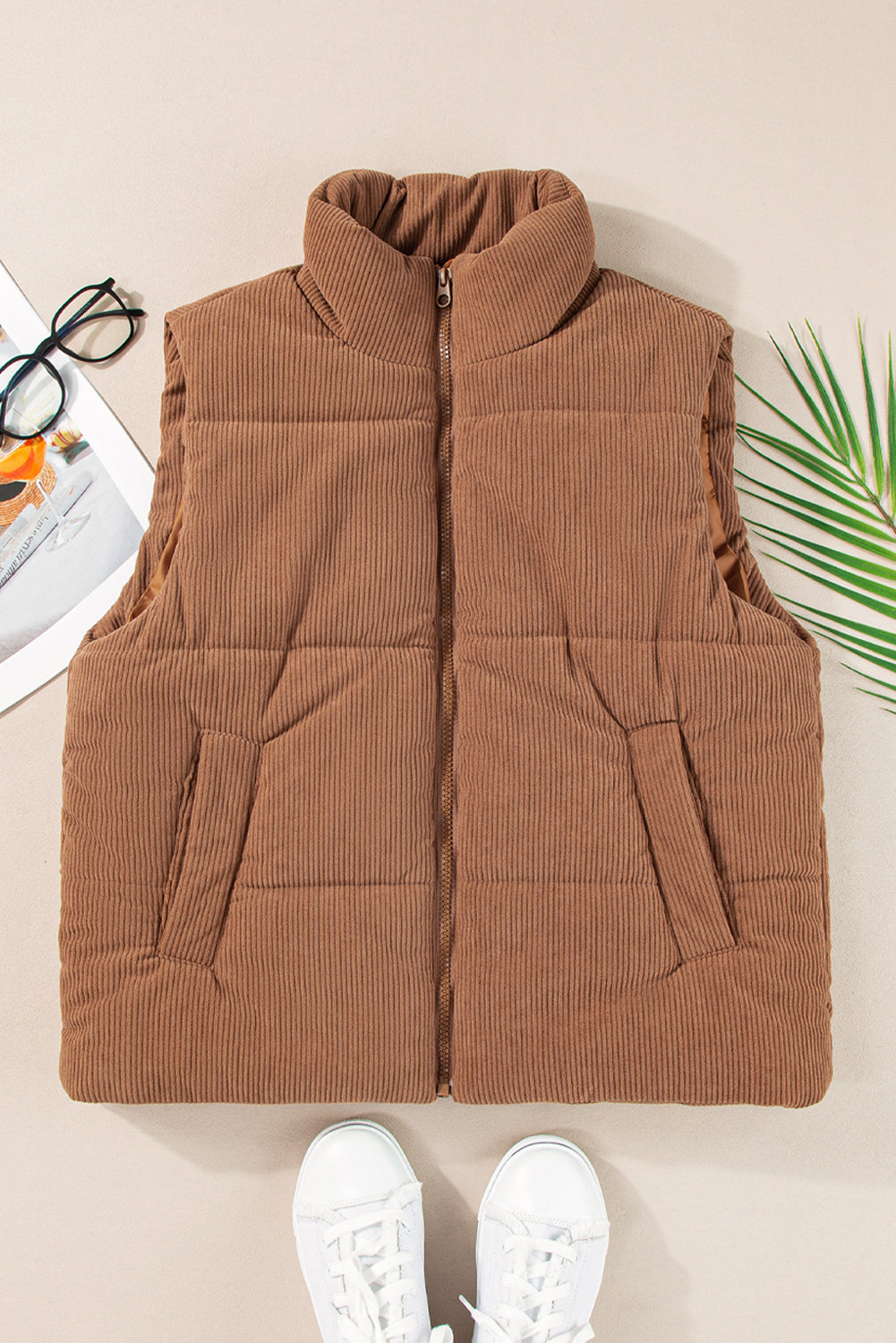 Beige Corduroy Stand Neck Zipped Puffer Vest