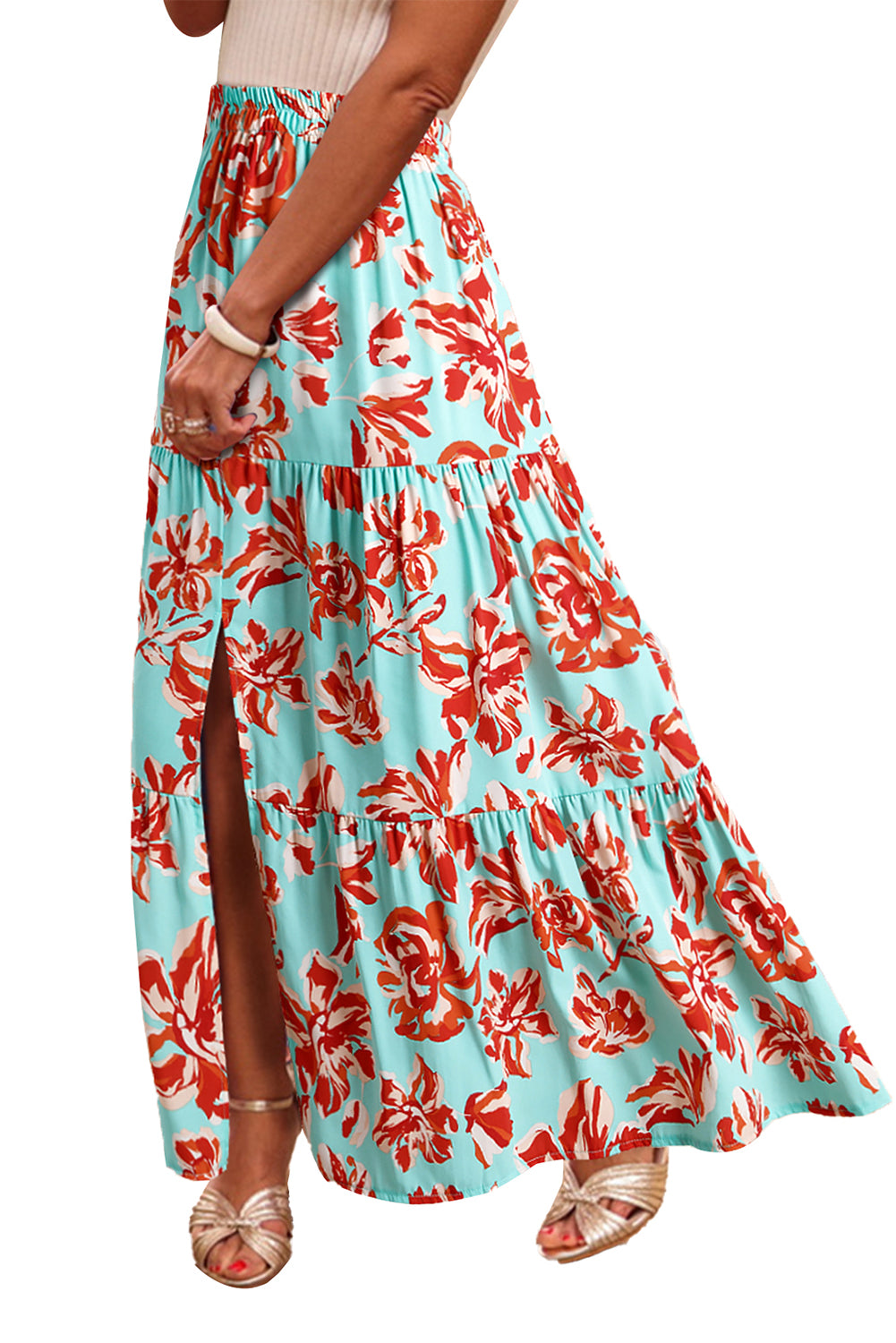 Orange Bohemian Floral Print Tiered Maxi Skirt with Split