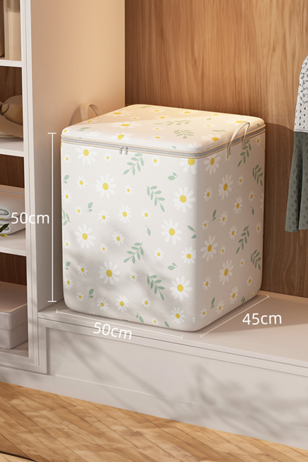 White Daisy Print Nonwovens Wardrobe Large Storage Bag with Lid