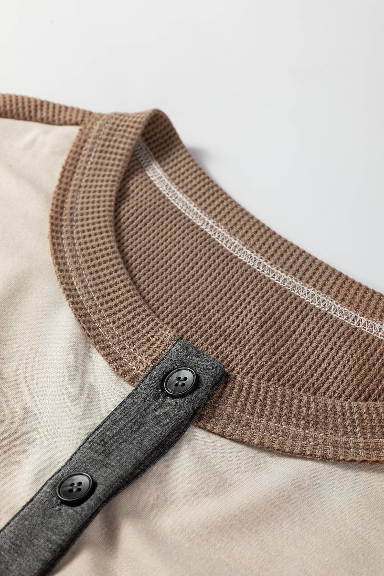 Jet Stream Color Block Waffled Patchwork Loose Henley Top