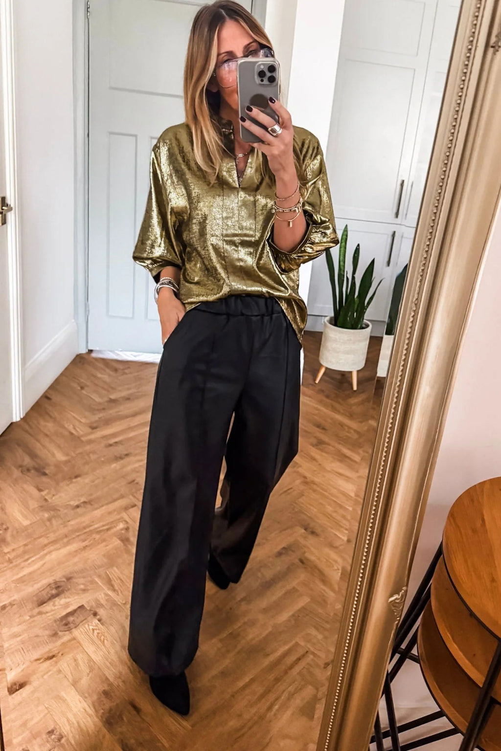 Apricot Metallic Round Neck Smocked Long Sleeve Blouse