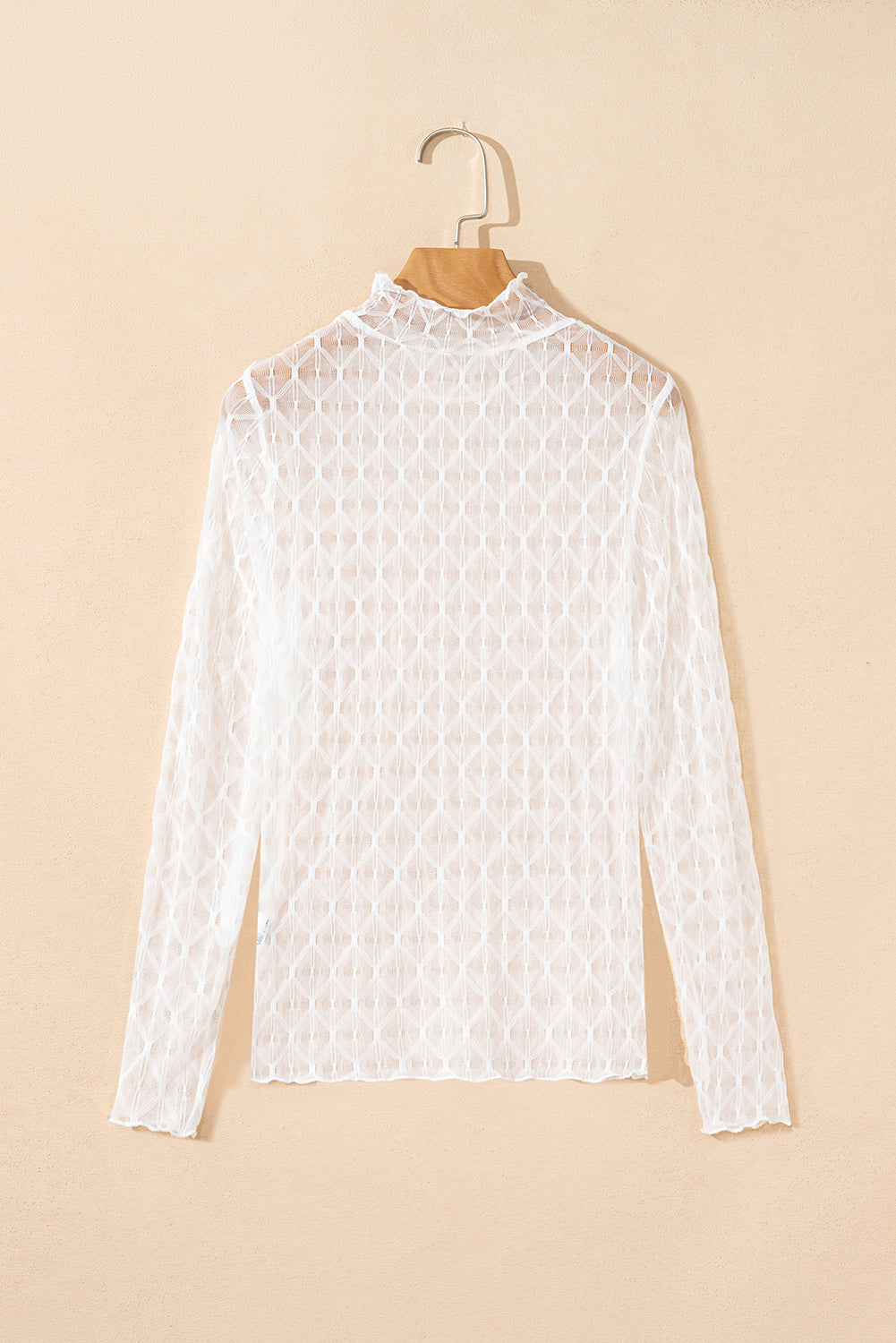 Coffee Sheer Mesh Patterned Lettuce Trim Slim Long Sleeve Top