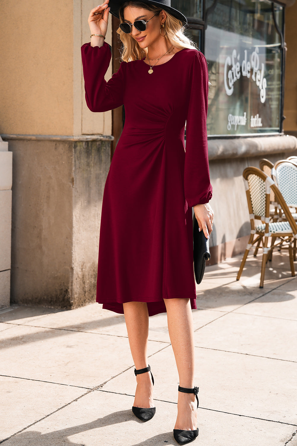 Fiery Red Solid Color Ruched Detail Long Sleeve Midi Dress