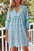 Sky Blue Boho Paisley Print Contrasted Patchwork Detail Bracelet Sleeve Loose Mini Dress