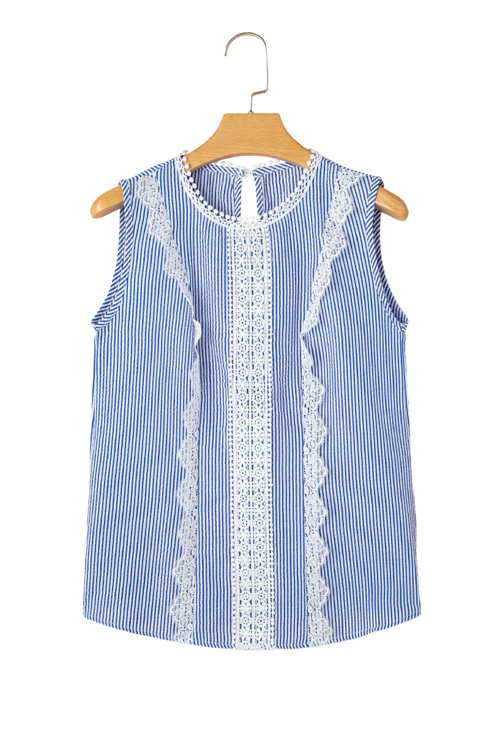 Sky Blue Stripe Floral Lace Splicing Puff Sleeve Blouse