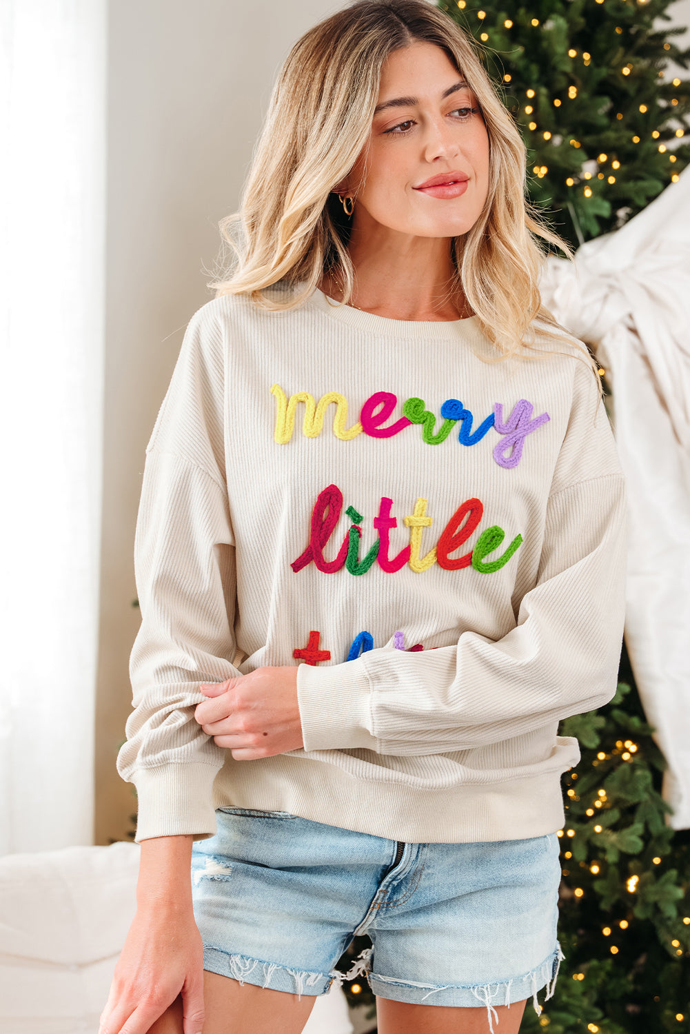 Dark Green merry little thing Corded Letter Graphic Ribbed Loose Sweatshirt
