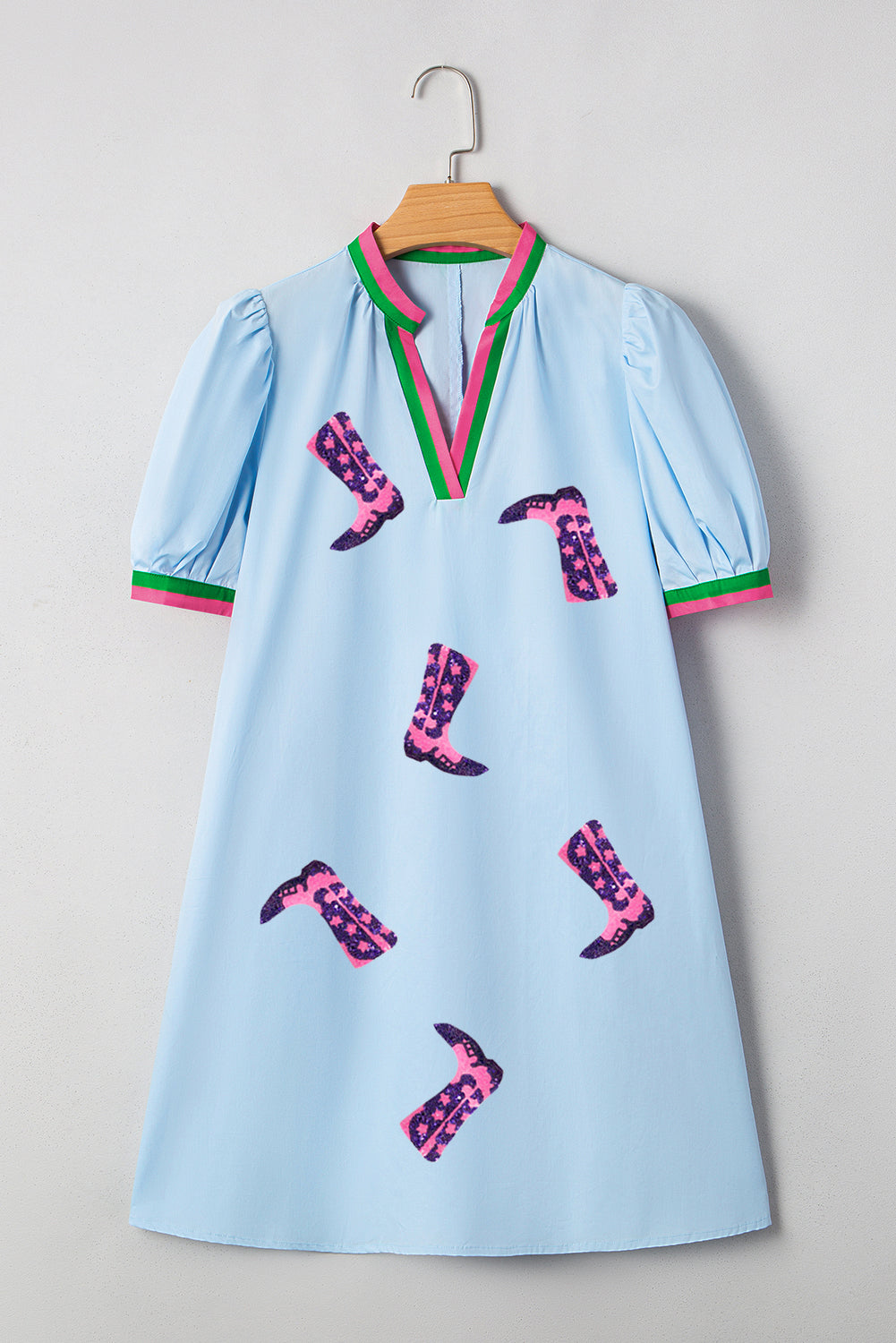 Myosotis Sequined Cowgirl Boots Pattern Contrast V Neckline Half Puff Sleeve Dress