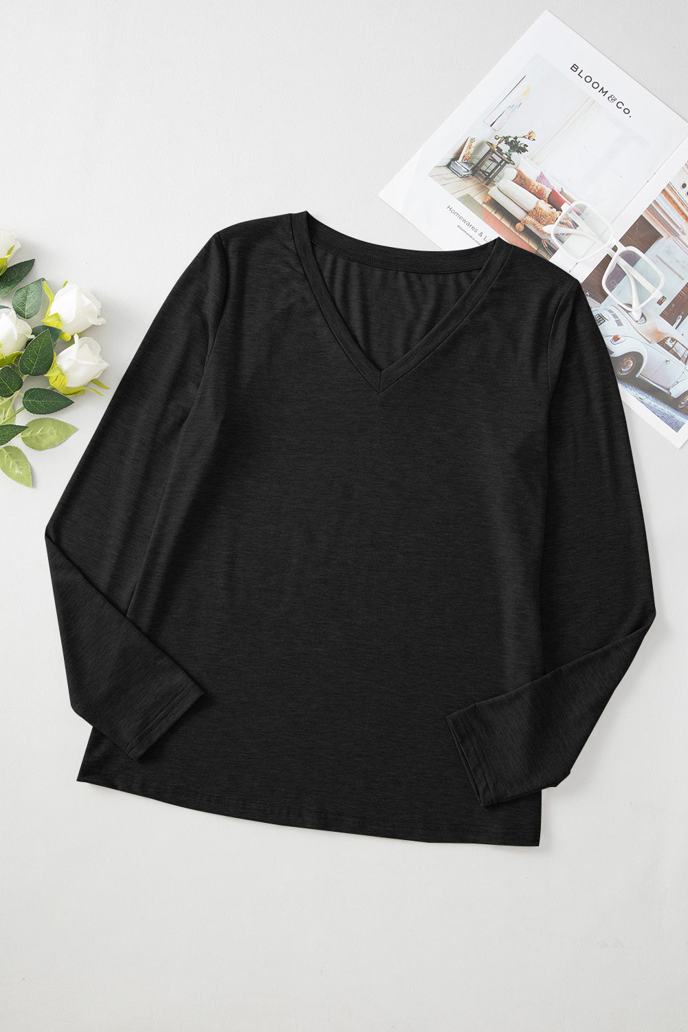 Grass Green Solid Color V Neck Long Sleeve Stretchy Top