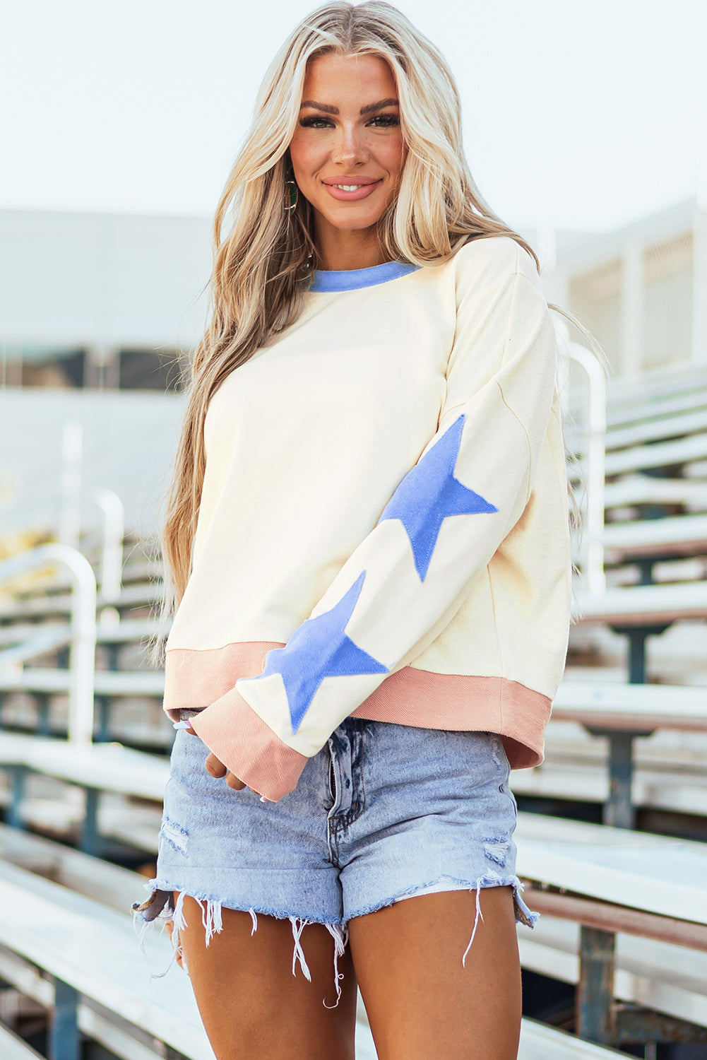 Parchment Star Patchwork Exposed Seam Oversized Sweatshirt