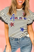 Black Stripe Sequin America Star Graphic Ric Rac Flutter Sleeve Blouse