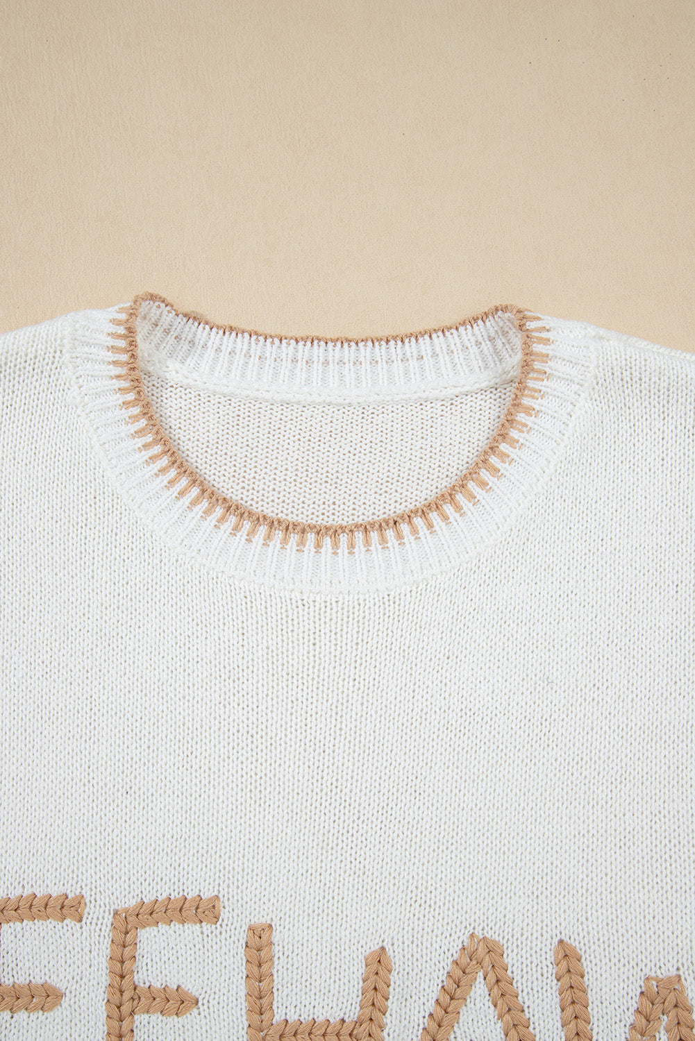 White Knitted YEEHAW Stitch Edge Crew Neck Sweater T Shirt