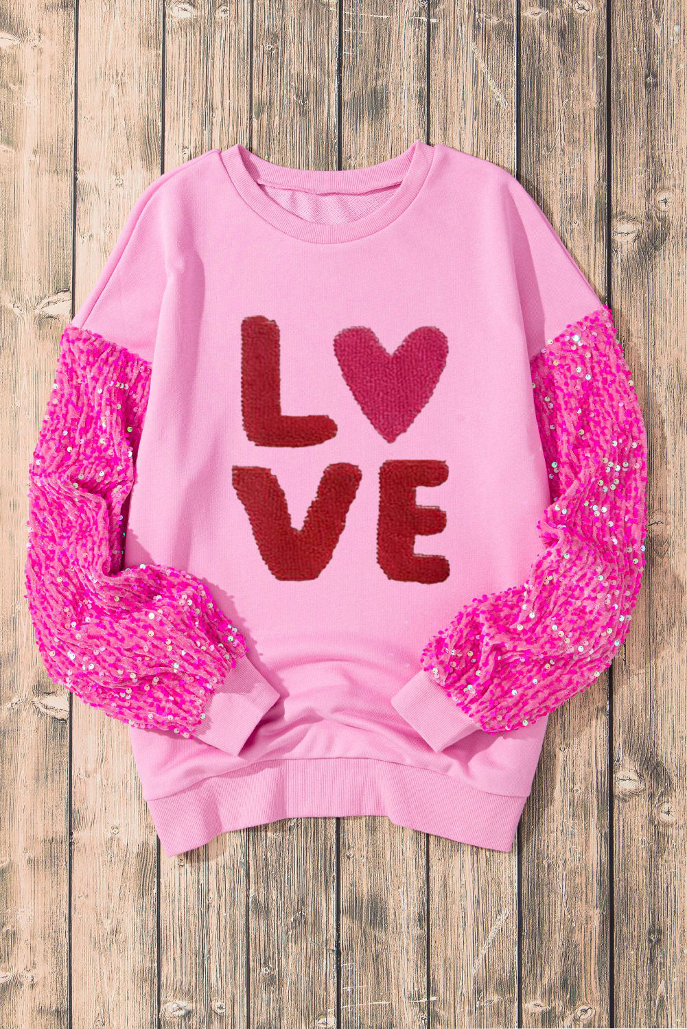 Pink Sequin Patchwork Long Sleeve Pullover Top
