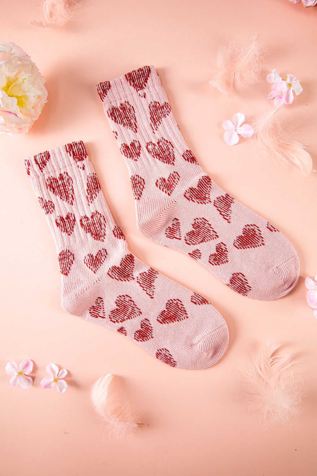 Pink Vintage Heart Pattern Combed Cotton Socks