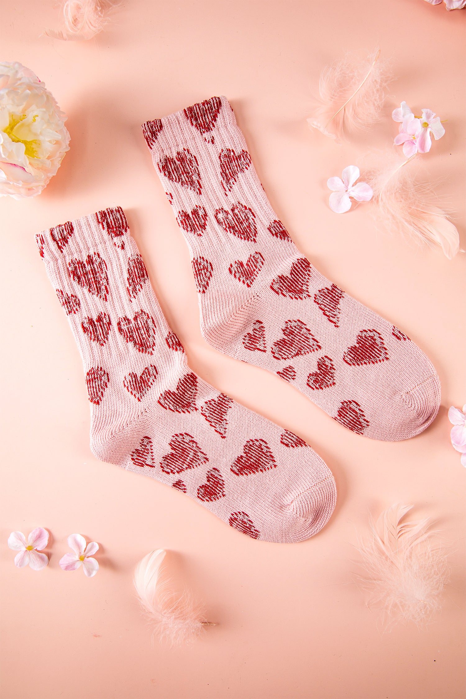 Pink Vintage Heart Pattern Combed Cotton Socks