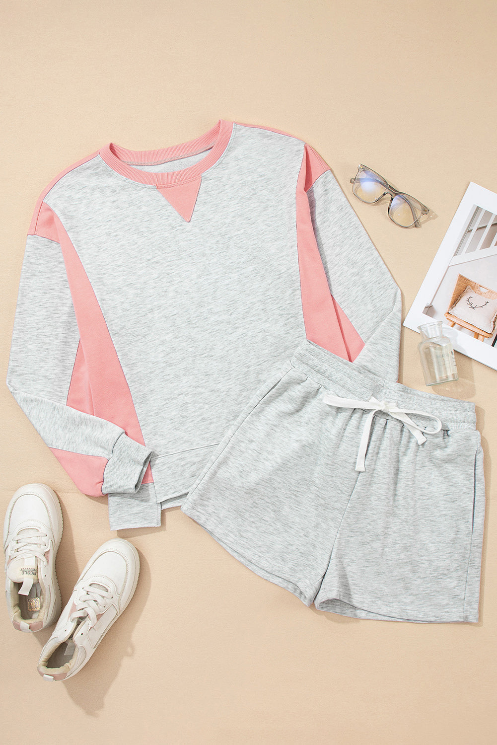 Light Grey Uneven Hem Colorblock Pullover Casual Shorts Plus Size 2pcs Outfit