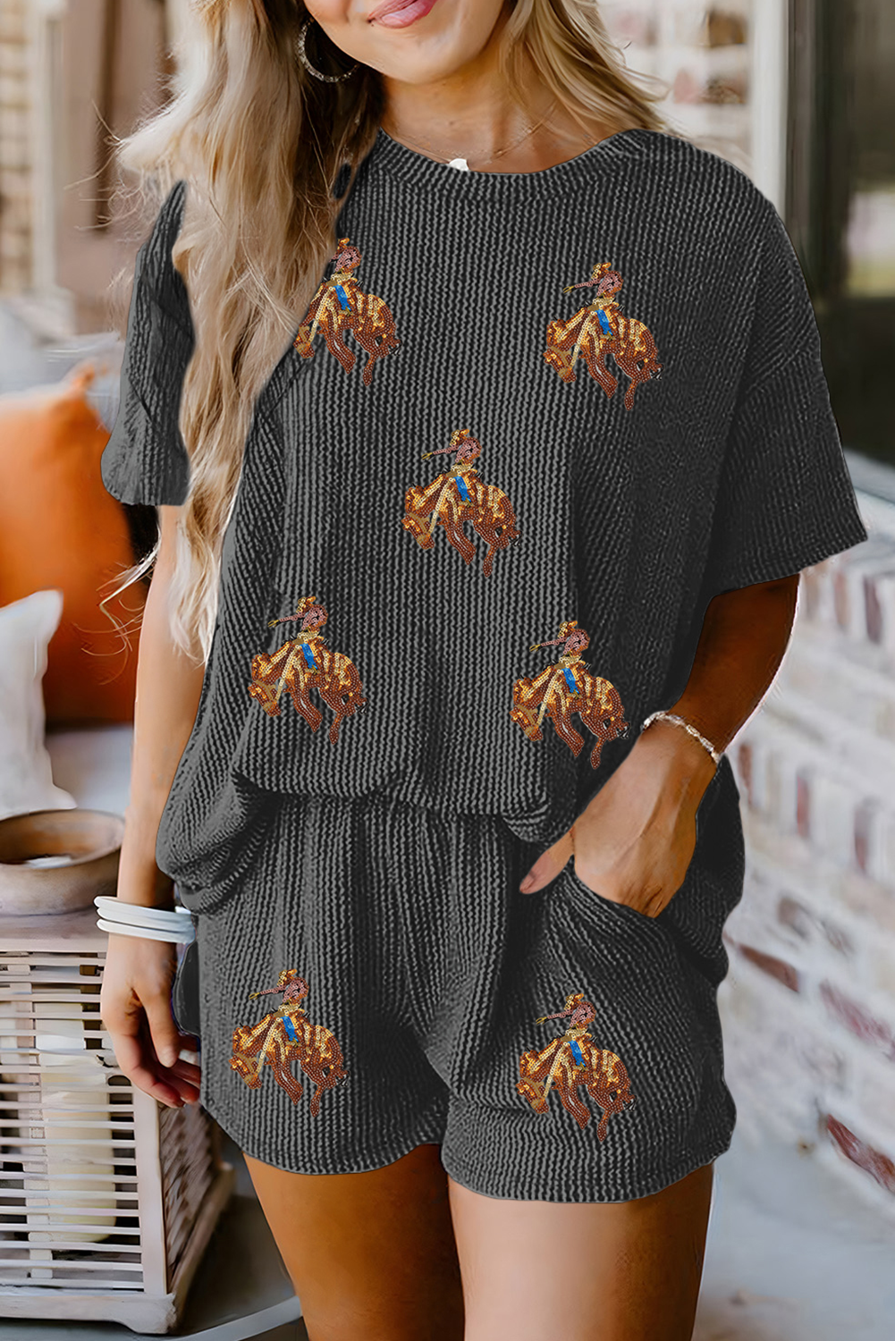 Carbon Grey Western Rodeo Graphic Patched 3D Ribbed Short 2pcs Outfit