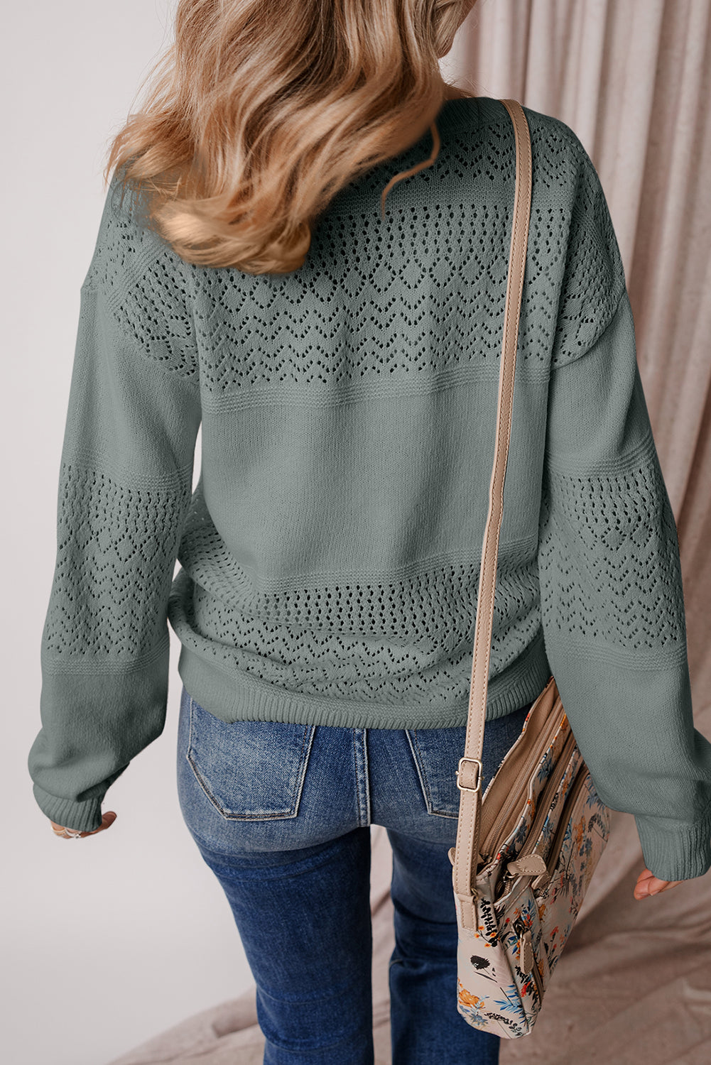 Sky Blue Eyelet Pattern Detail V Neck Drop Shoulder Sweater