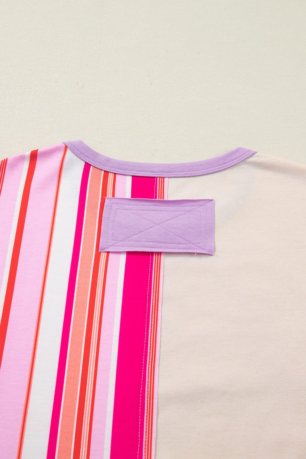 Pink Striped Color Block Flower Patched Half Sleeve Loose Top