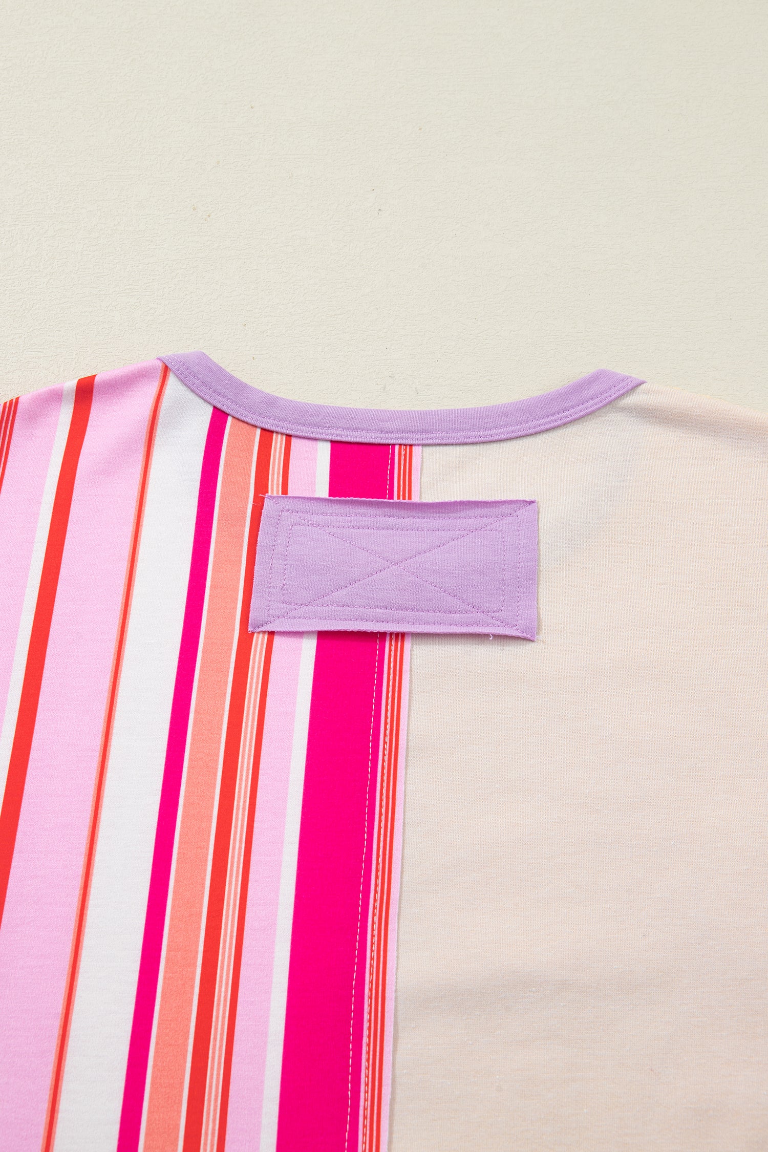 Pink Striped Color Block Flower Patched Half Sleeve Loose Top