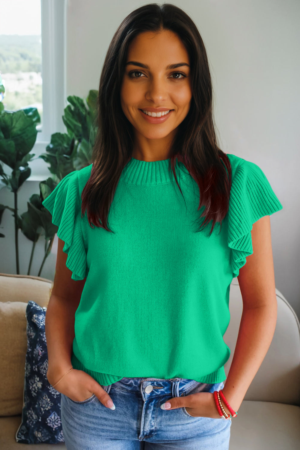 Beau Blue Solid Color Ribbed Trim Round Neck Ruffle Short Sleeve Sweater