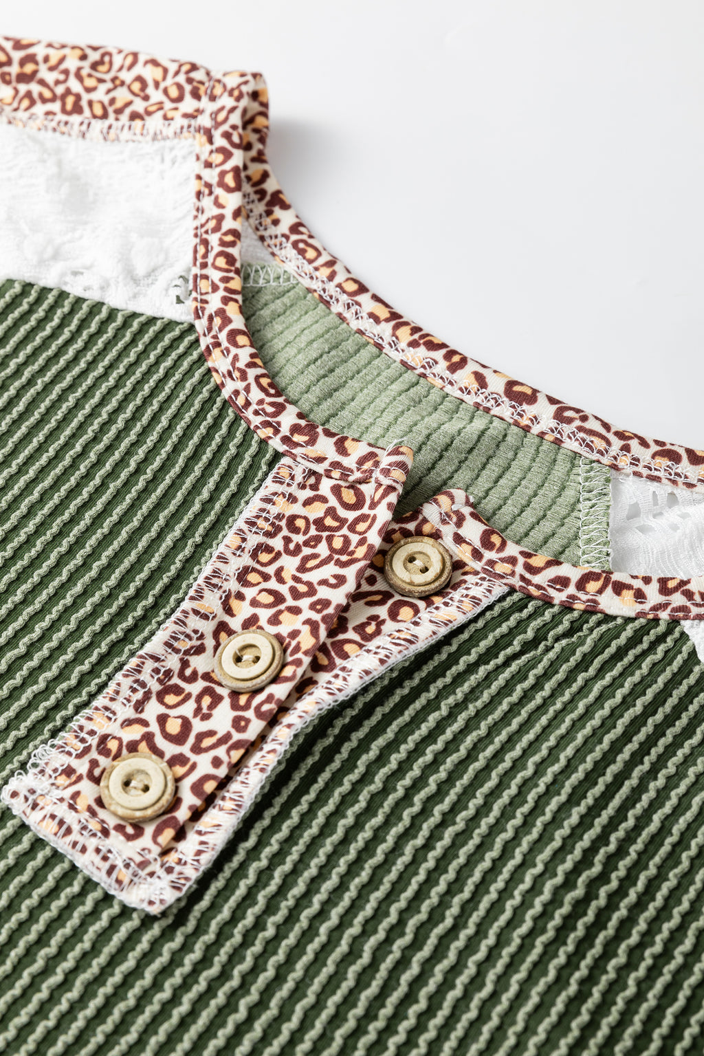 Dark Khaki Twisted Ribbed Leopard Lace Contrast Patchwork Long Sleeve Top