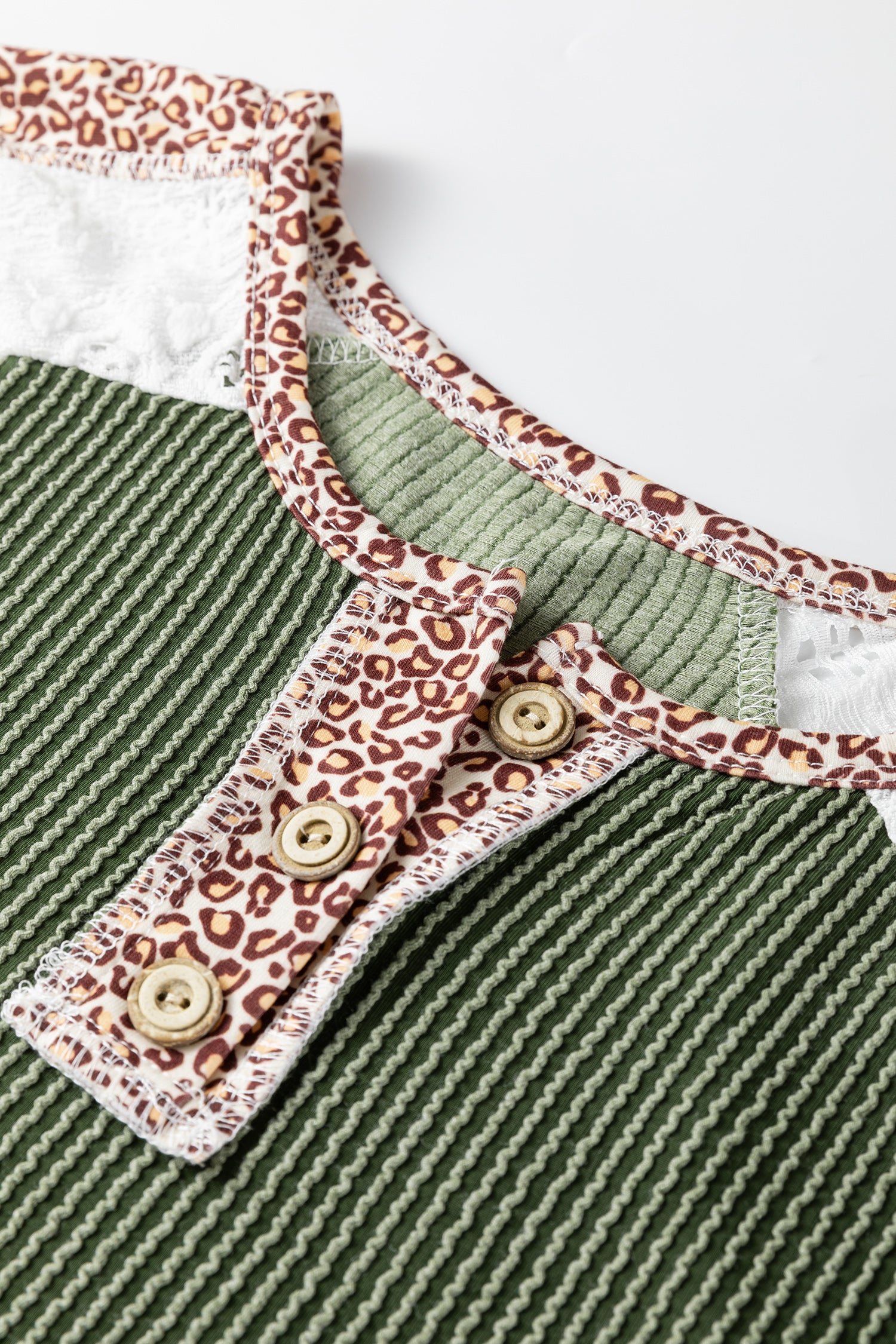Dark Khaki Twisted Ribbed Leopard Lace Contrast Patchwork Long Sleeve Top