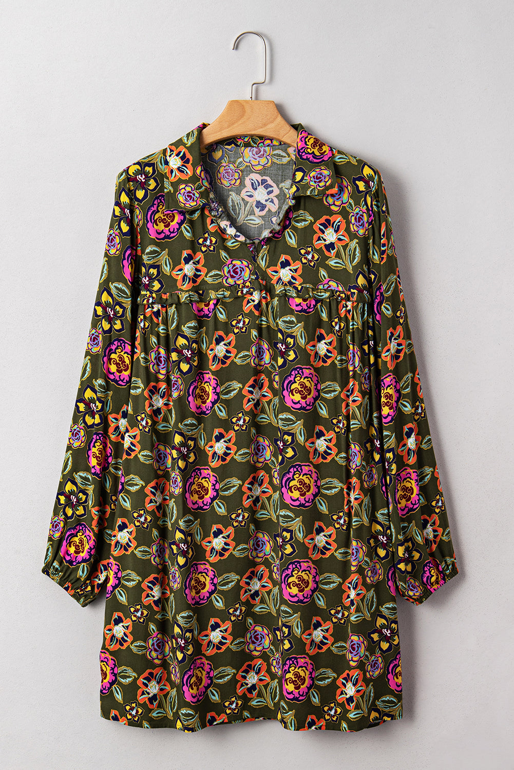 Green Plus Size Floral Print Collared V Neck Loose Mini Dress