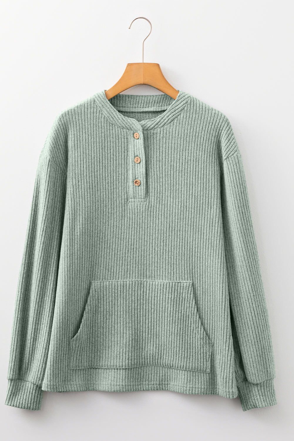 Simply Taupe Plus Size Ribbed Knit Kangaroo Pocket Henley Long Sleeve Top