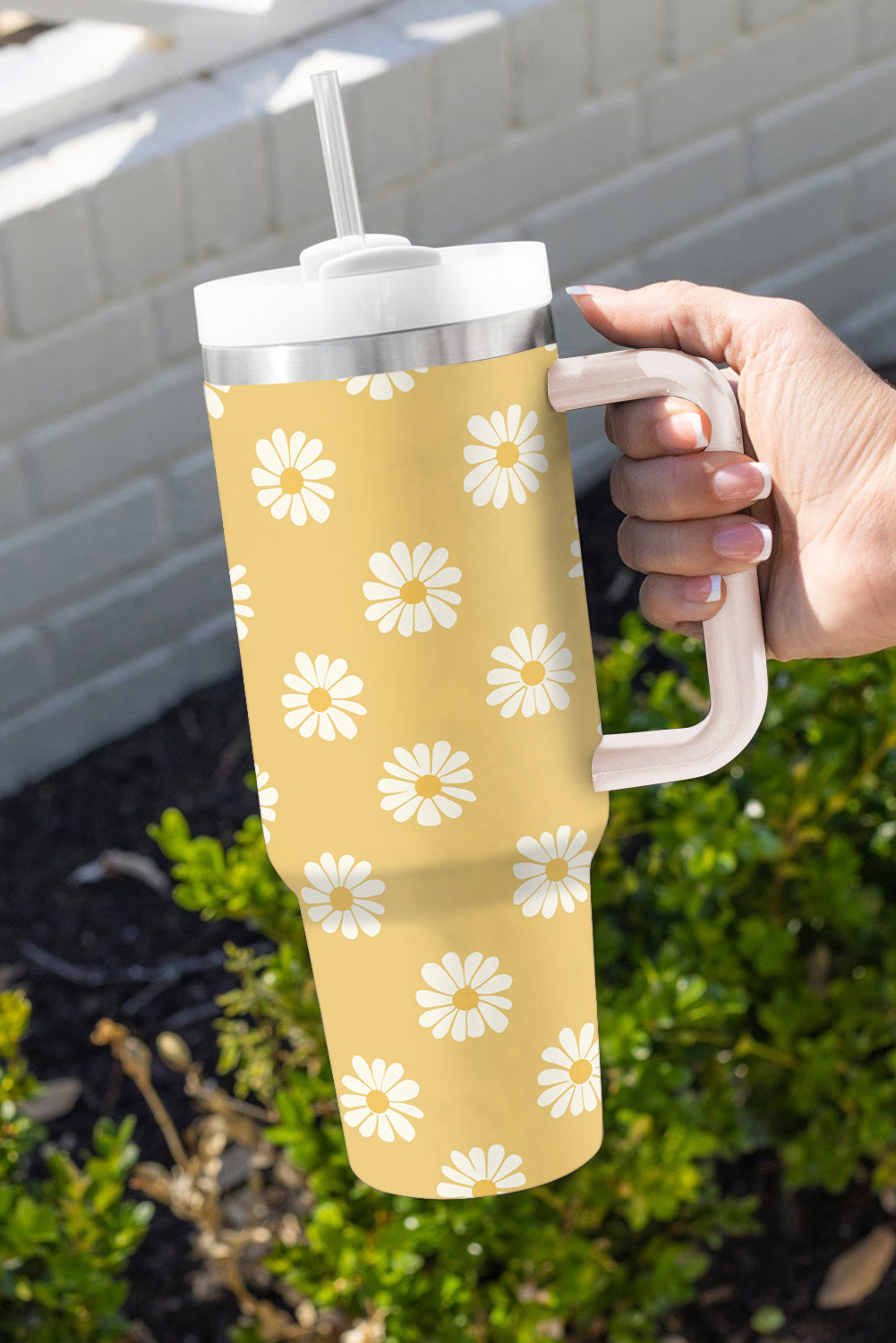 White Floral Leaves Print Stainless Large Portable Cup 40oz