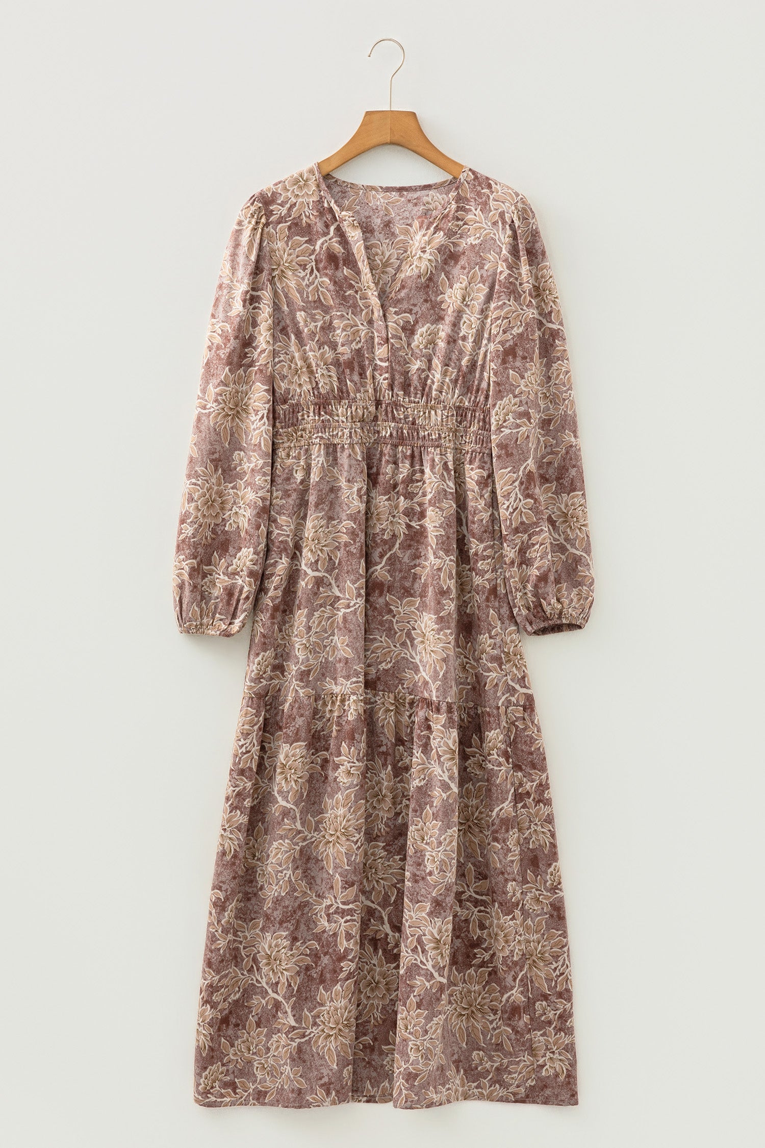 Sky Blue Floral Print Smocked High Waist Long Sleeve Maxi Dress