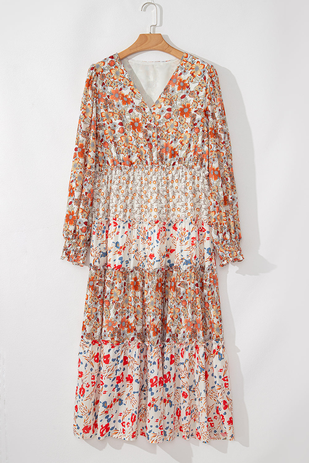Khaki Floral Print Ruffled Tiered Long Sleeve V Neck Midi Dress