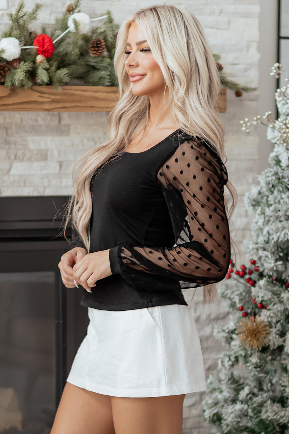Black Polka Dot Mesh Puff Sleeve Patchwork Ribbed Square Neck Slim Top