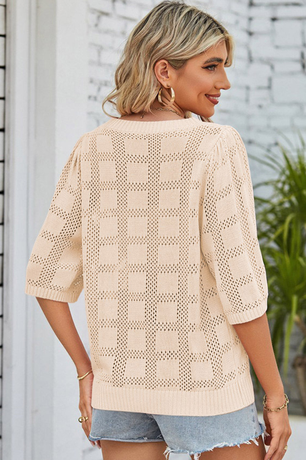 White Plaid Pattern Crochet Knit Short Sleeve Sweater