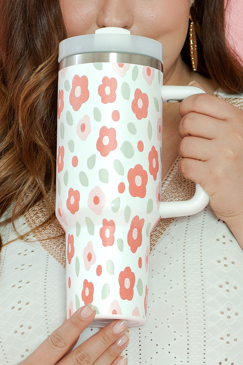 White Floral Leaves Print Stainless Large Portable Cup 40oz