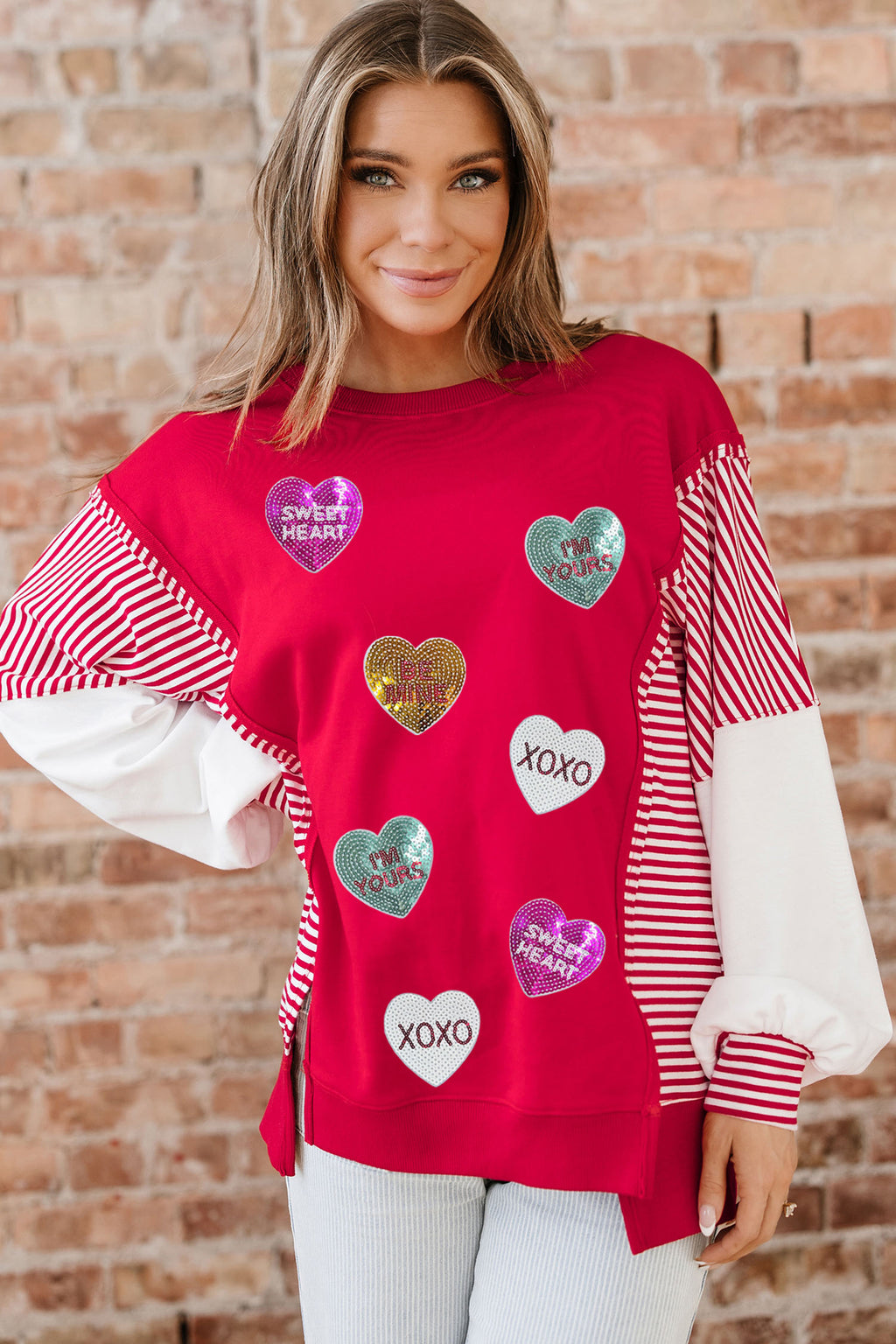 Fiery Red Valentines Day Slogan Sequin Heart Graphic Striped Color Block Patchwork Sweatshirt