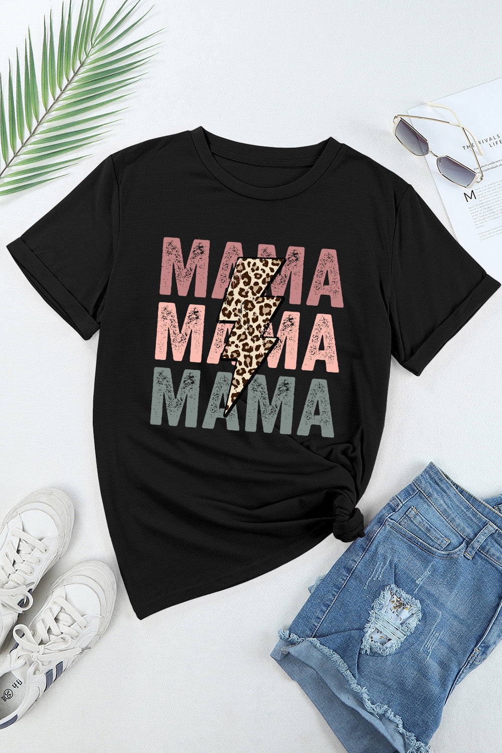 White MAMA Floral Block Graphic Casual T Shirt