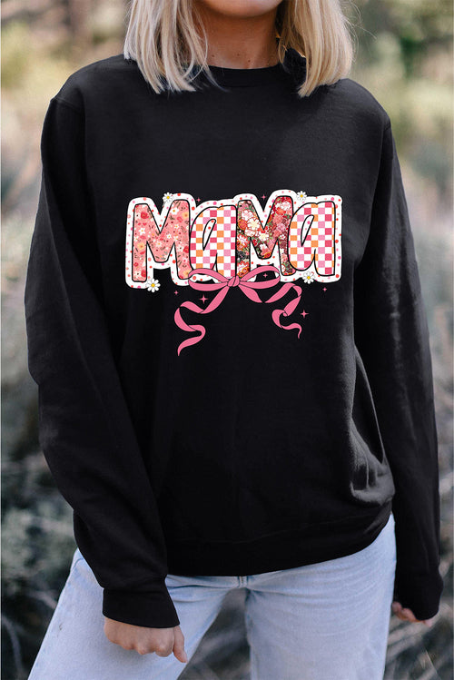 Black Floral Checkered Bow Printed Pullover Sweatshirt