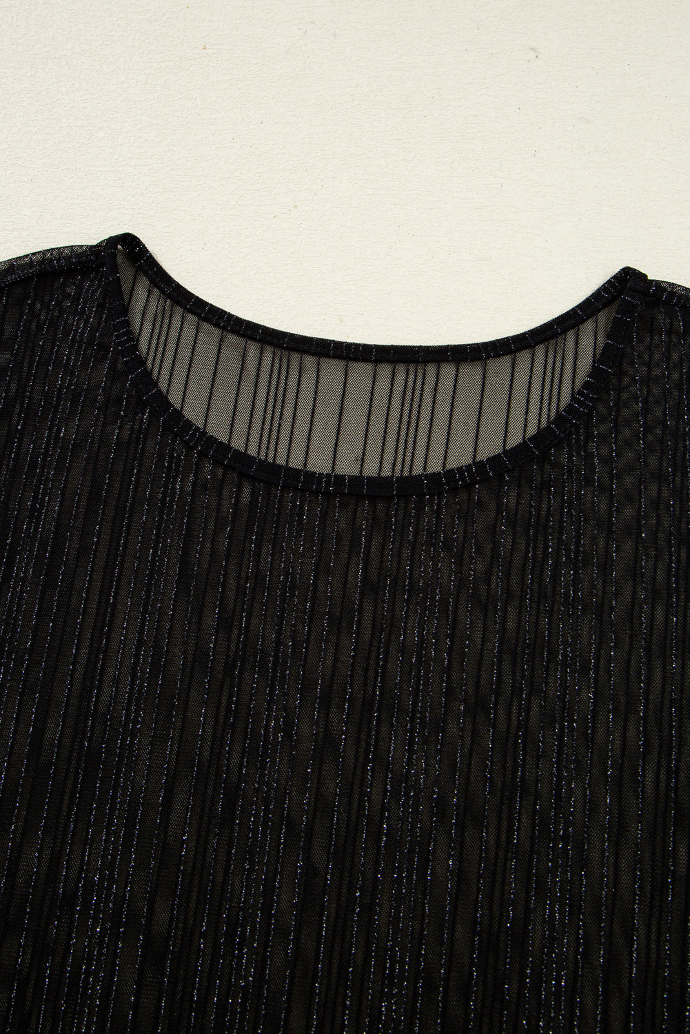 Black Plus Size Shimmer Textured Mesh Fitted Long Sleeve Top