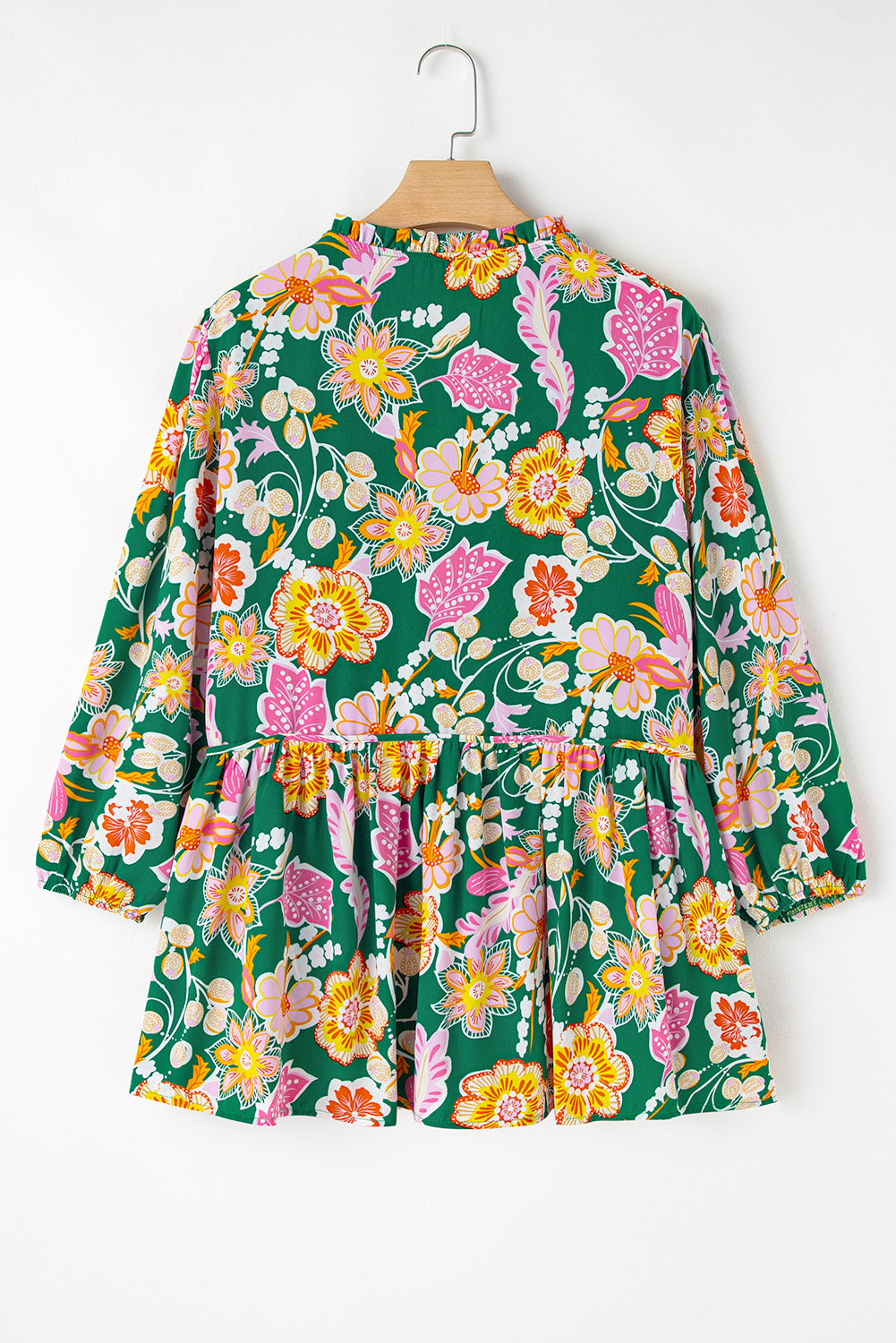 Green Floral Puff Sleeve V Neck Peplum Blouse