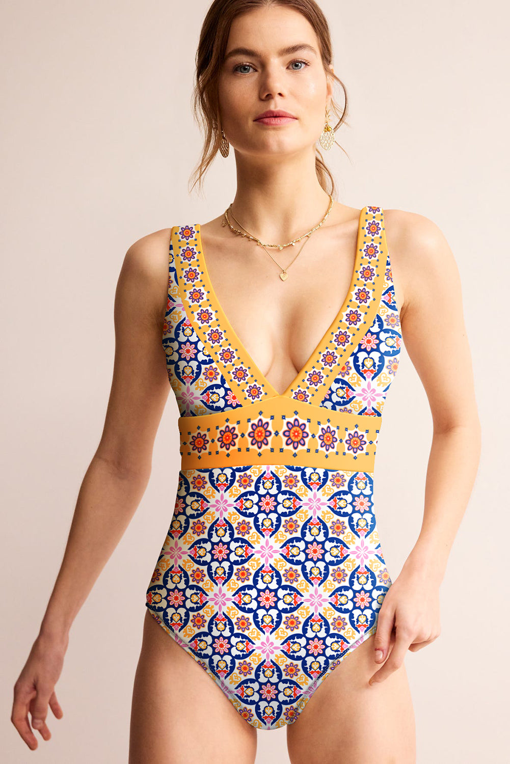 Yellow Floral Print V Neck One Piece Swimsuit