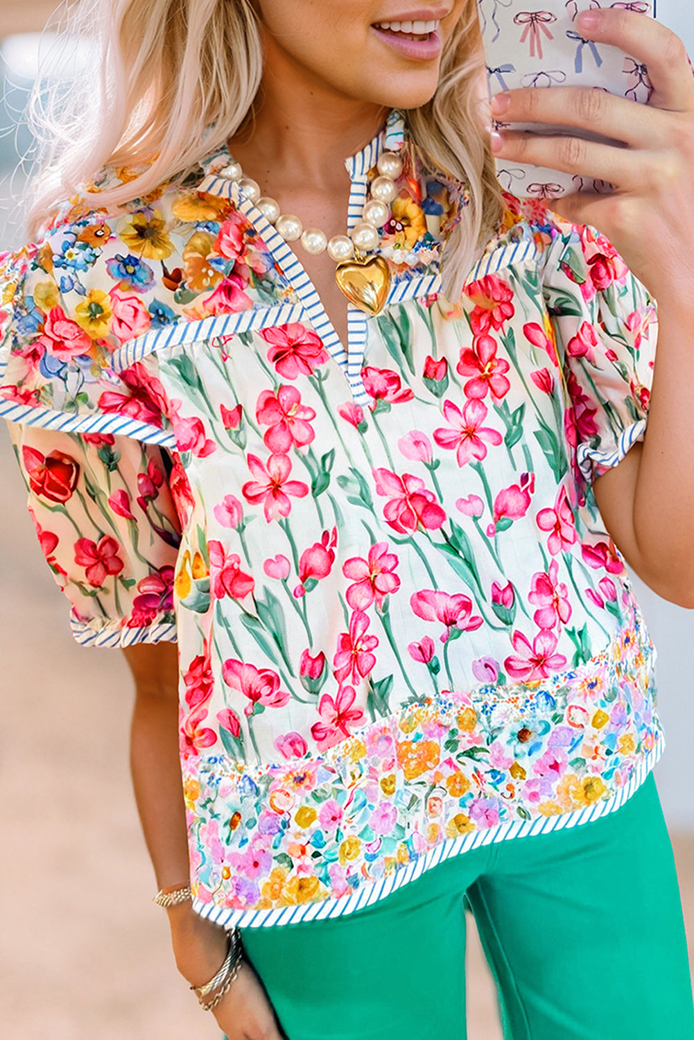 Pink Plus Size Floral Print Striped Trim V Neck Blouse