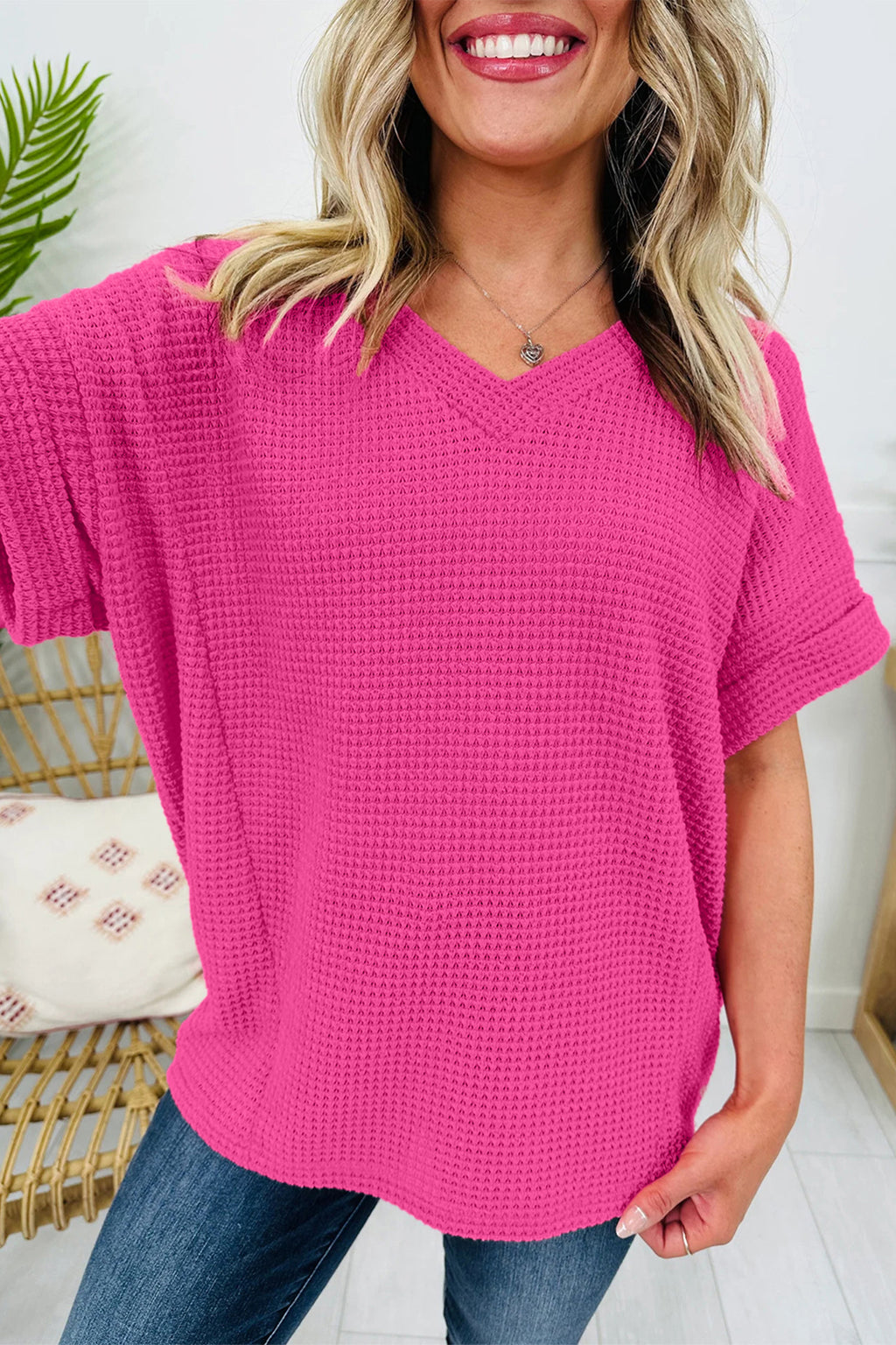 Wisteria Waffle V Neck Short Sleeve Knit Top