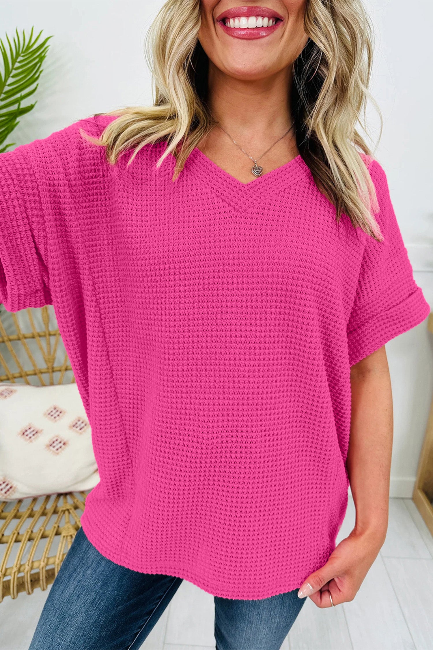 Wisteria Waffle V Neck Short Sleeve Knit Top