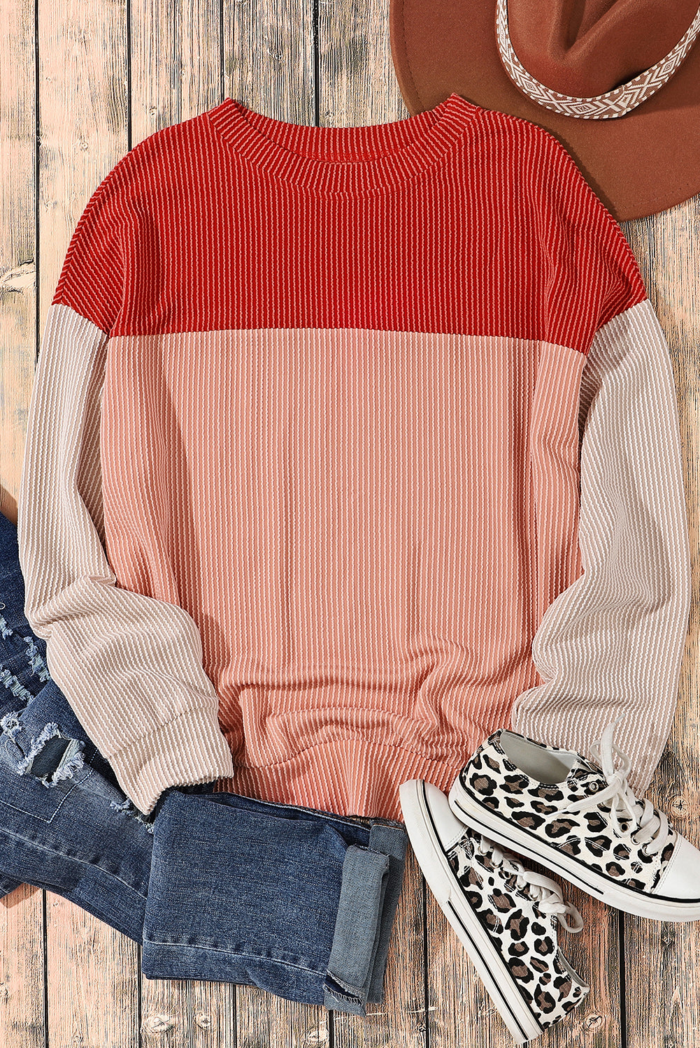 Pale Chestnut Color Block Corded Long Sleeve Top