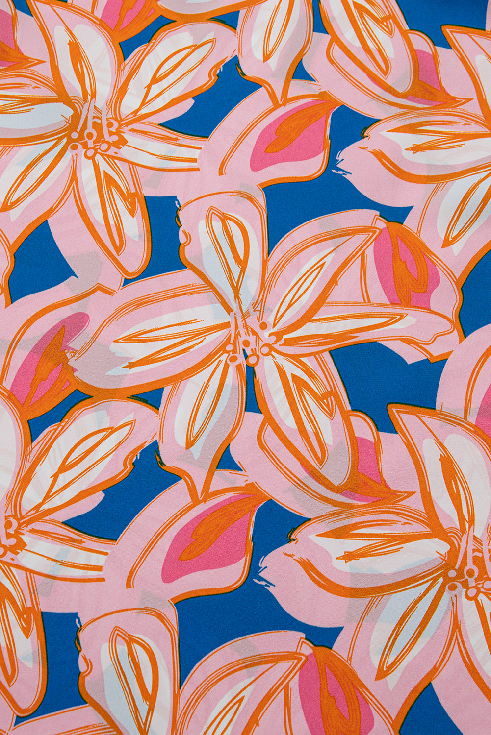 Orange Summer Flower Print Notched Neck Ruffle Sleeve Blouse